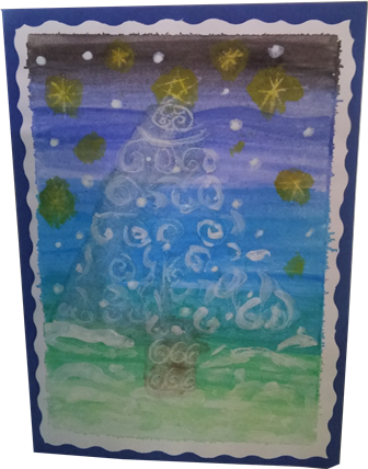 Tarjeta con árbol pintado en tonos azules y estrellas en el cielo