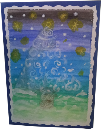 Árbol navideño con estrellas en la noche Tarjeta con árbol pintado en tonos azules y estrellas en el cielo