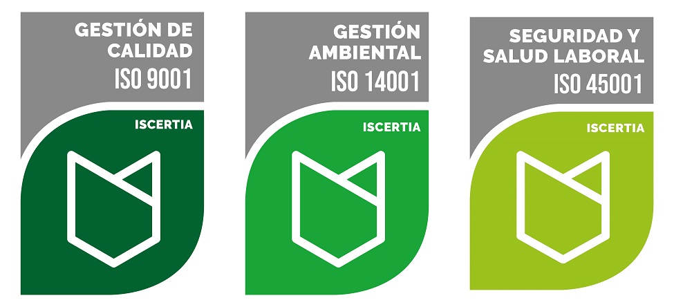 Sello de certificadora Iscertia de ISO 9001, ISO 14001 y 45001